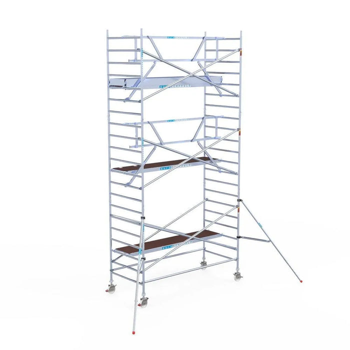 Rollgerüst Euroscaffold Professionell 135x305 7,2m Arbeitshöhe Carbonplattform gegen Fassade - Gerüstexpress.de