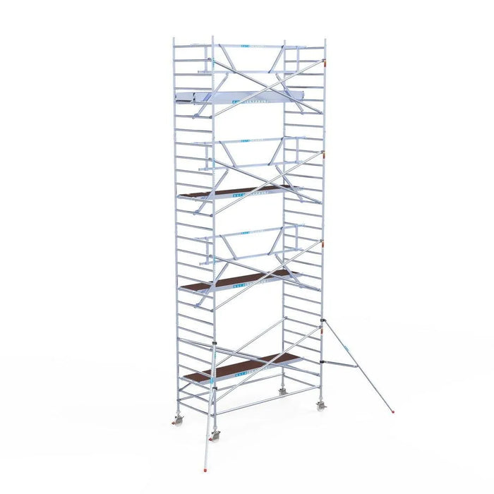 Rollgerüst Euroscaffold Professionell 135x305 9,2m Arbeitshöhe Carbonplattform gegen Fassade - Gerüstexpress.de
