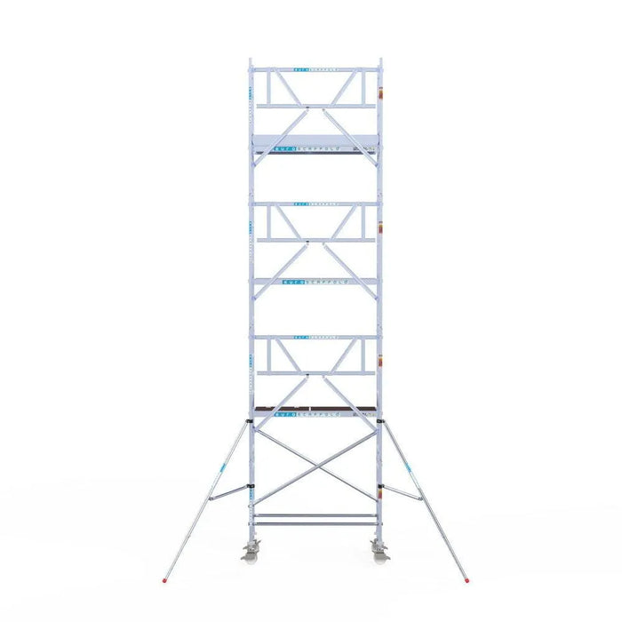 Rollgerüst Euroscaffold Professionell 75x190 8,2m Arbeitshöhe Carbonplattform gegen Fassade - Gerüstexpress.de