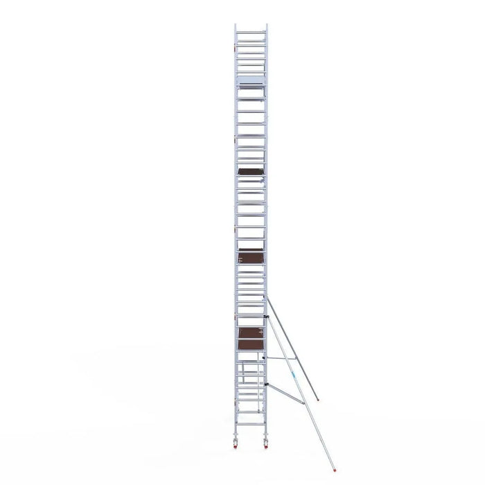 Rollgerüst Euroscaffold Professionell 75x250 10,2m Arbeitshöhe Carbonplattform gegen Fassade - Gerüstexpress.de