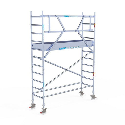 Rollgerüst Euroscaffold Professionell 75x250 4,2m Arbeitshöhe Carbonplattform gegen Fassade - Gerüstexpress.de