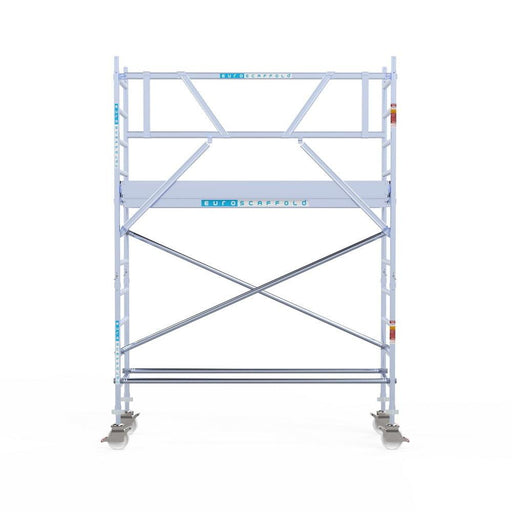 Rollgerüst Euroscaffold Professionell 75x250 4,2m Arbeitshöhe Carbonplattform gegen Fassade - Gerüstexpress.de