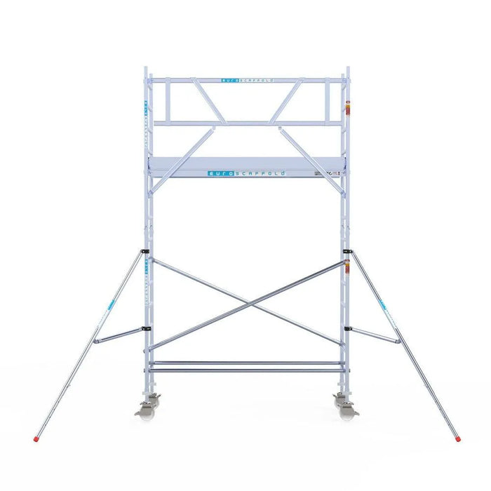 Rollgerüst Euroscaffold Professionell 75x250 5,2m Arbeitshöhe Carbonplattform gegen Fassade - Gerüstexpress.de