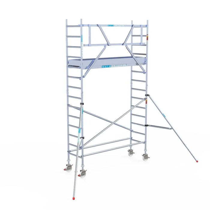 Rollgerüst Euroscaffold Professionell 75x250 5,2m Arbeitshöhe Carbonplattform gegen Fassade - Gerüstexpress.de