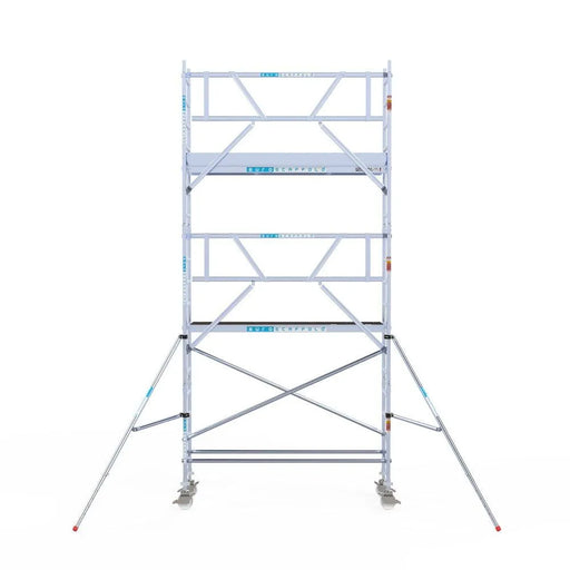 Rollgerüst Euroscaffold Professionell 75x250 6,2m Arbeitshöhe Carbonplattform gegen Fassade - Gerüstexpress.de