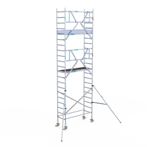 Rollgerüst Euroscaffold Professionell 75x250 7,2m Arbeitshöhe Carbonplattform gegen Fassade - Gerüstexpress.de