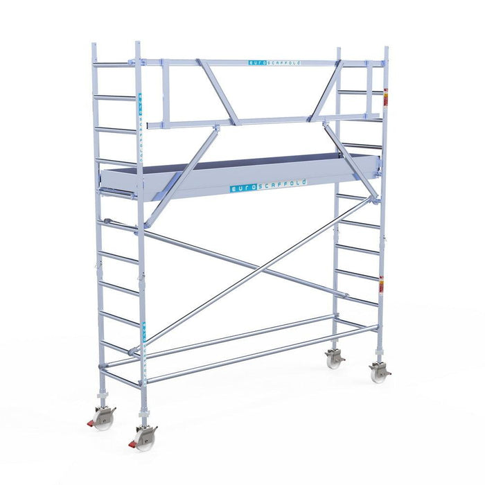 Rollgerüst Euroscaffold Professionell 75x305 4,2m Arbeitshöhe Carbonplattform gegen Fassade - Gerüstexpress.de