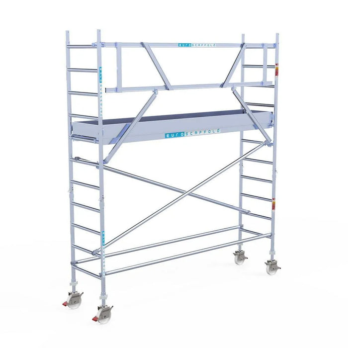 Rollgerüst Euroscaffold Professionell 75x305 4,2m Arbeitshöhe Carbonplattform gegen Fassade - Gerüstexpress.de