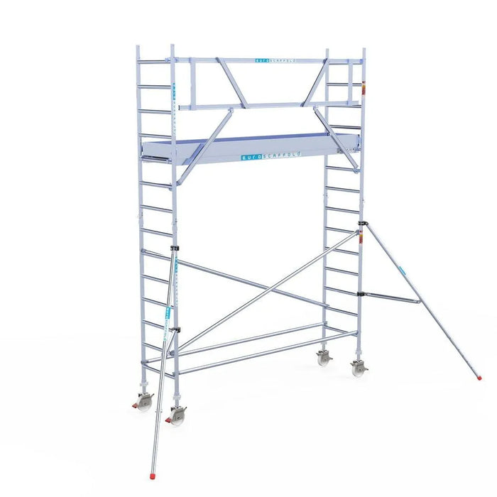 Rollgerüst Euroscaffold Professionell 75x305 5,2m Arbeitshöhe Carbonplattform gegen Fassade - Gerüstexpress.de