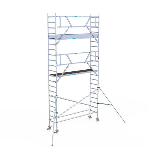 Rollgerüst Euroscaffold Professionell 75x305 7,2m Arbeitshöhe Carbonplattform gegen Fassade - Gerüstexpress.de