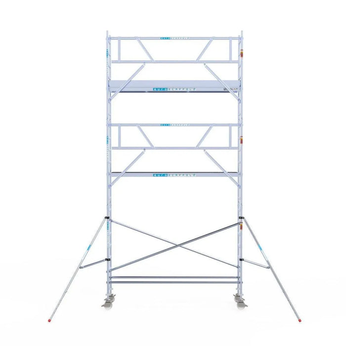 Rollgerüst Euroscaffold Professionell 75x305 7,2m Arbeitshöhe Carbonplattform gegen Fassade - Gerüstexpress.de