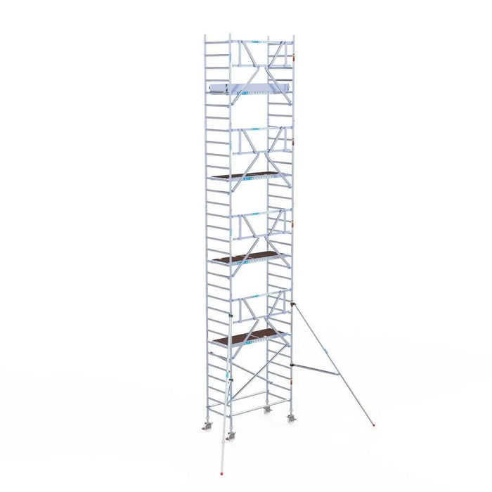 Rollgerüst Euroscaffold Professionell 90x190 10,2m Arbeitshöhe Carbonplattform gegen Fassade - Gerüstexpress.de