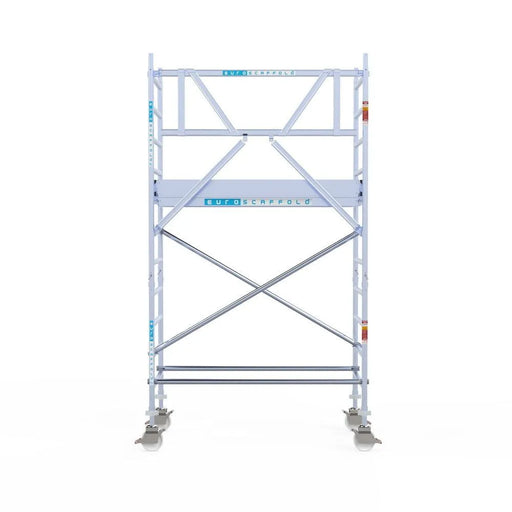Rollgerüst Euroscaffold Professionell 90x190 4,2m Arbeitshöhe Carbonplattform gegen Fassade - Gerüstexpress.de