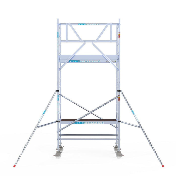 Rollgerüst Euroscaffold Professionell 90x190 5,2m Arbeitshöhe Carbonplattform gegen Fassade - Gerüstexpress.de