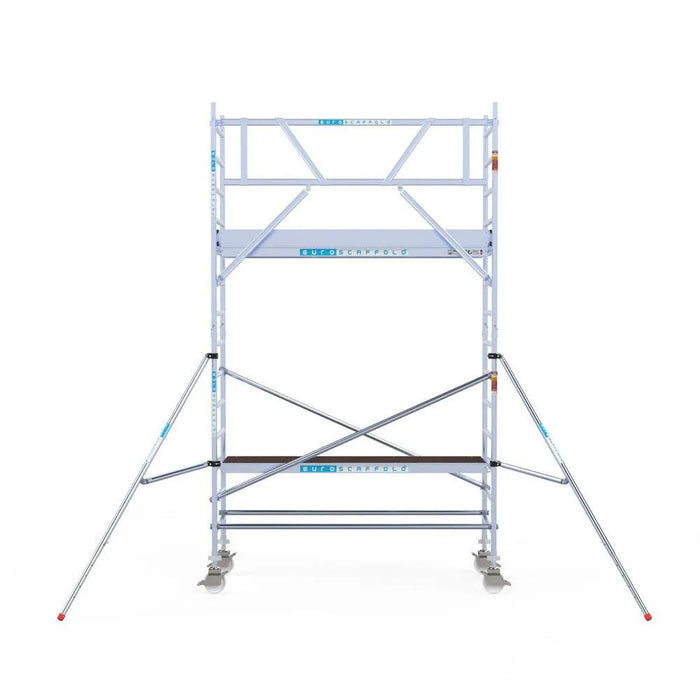 Rollgerüst Euroscaffold Professionell 90x250 5,2m Arbeitshöhe Carbonplattform gegen Fassade - Gerüstexpress.de