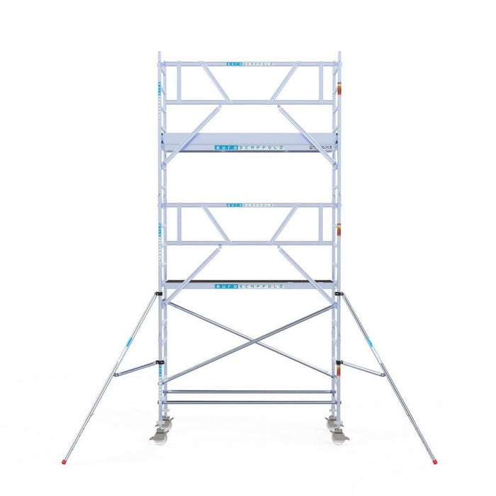 Rollgerüst Euroscaffold Professionell 90x250 6,2m Arbeitshöhe Carbonplattform gegen Fassade - Gerüstexpress.de