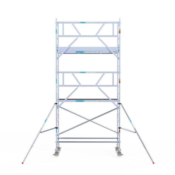 Rollgerüst Euroscaffold Professionell 90x250 6,2m Arbeitshöhe Carbonplattform gegen Fassade - Gerüstexpress.de