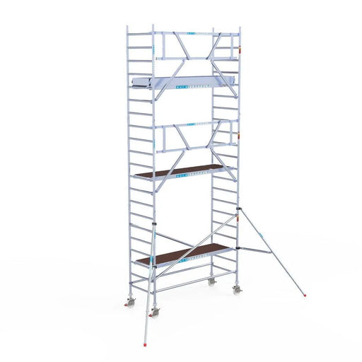 Rollgerüst Euroscaffold Professionell 90x250 7,2m Arbeitshöhe Carbonplattform gegen Fassade - Gerüstexpress.de