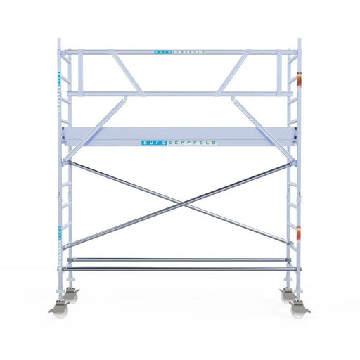 Rollgerüst Euroscaffold Professionell 90x305 4,2m Arbeitshöhe Carbonplattform gegen Fassade - Gerüstexpress.de