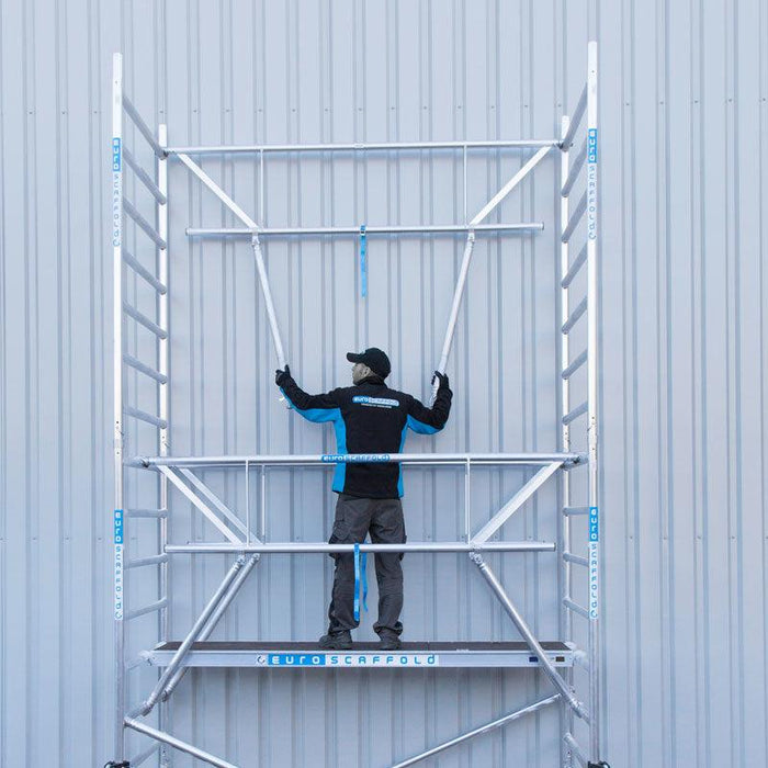 Rollgerüst Euroscaffold Professionell 90x305 7,2m Arbeitshöhe Carbonplattform gegen Fassade - Gerüstexpress.de