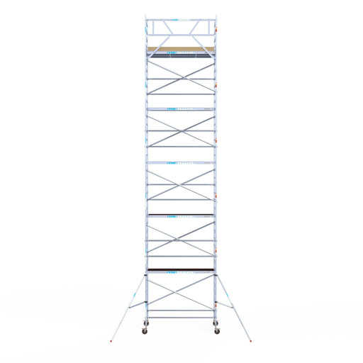 Rollgerüst Euroscaffold Basic 135x250 12,2m Arbeitshöhe Carbonplattform gegen Fassade - GerüstExpress