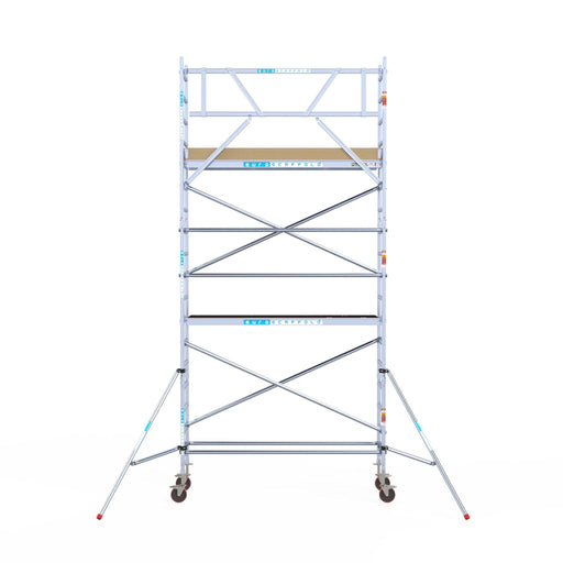 Rollgerüst Euroscaffold Basic 75x250 6,2m Arbeitshöhe Carbonplattform gegen Fassade - GerüstExpress