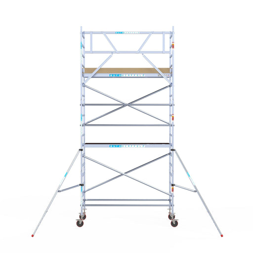 Rollgerüst Euroscaffold Basic 90x250 6,2m Arbeitshöhe Carbonplattform gegen Fassade - GerüstExpress