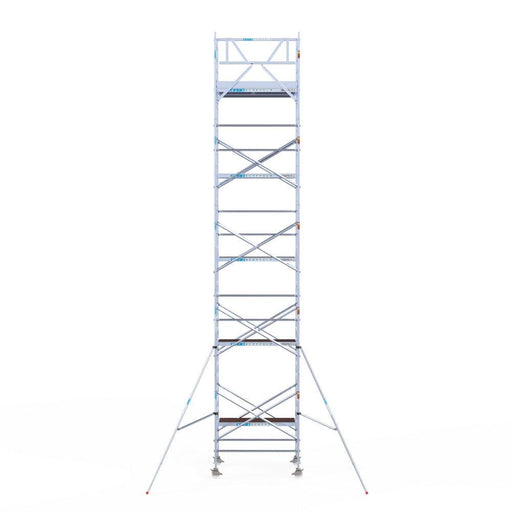 Rollgerüst Eurogerüst Original 135x190 11,2m Arbeitshöhe Carbonplattform gegen Fassade - GerüstExpress