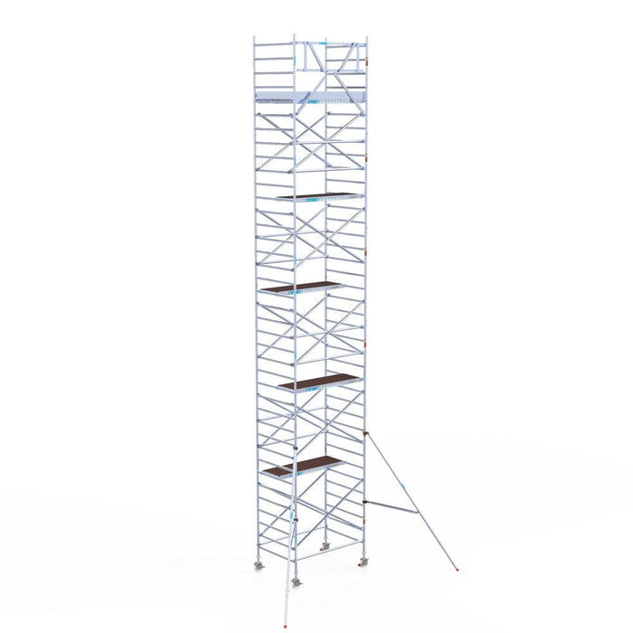 Rollgerüst Eurogerüst Original 135x190 12,2m Arbeitshöhe Carbonplattform gegen Fassade - GerüstExpress