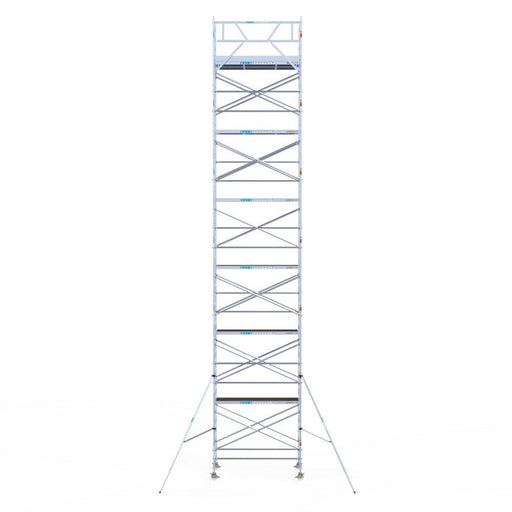 Rollgerüst Eurogerüst Original 135x250 14,2m Arbeitshöhe Carbonplattform gegen Fassade - GerüstExpress