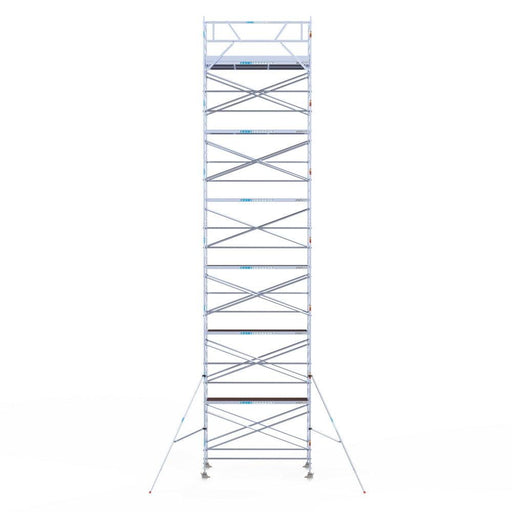 Rollgerüst Eurogerüst Original 135x305 14,2m Arbeitshöhe Carbonplattform gegen Fassade - GerüstExpress