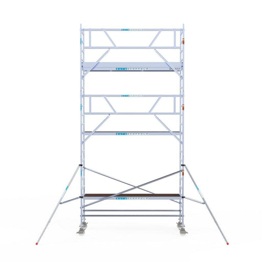 Rollgerüst Euroscaffold Professionell 90x305 7,2m Arbeitshöhe Carbonplattform gegen Fassade - GerüstExpress