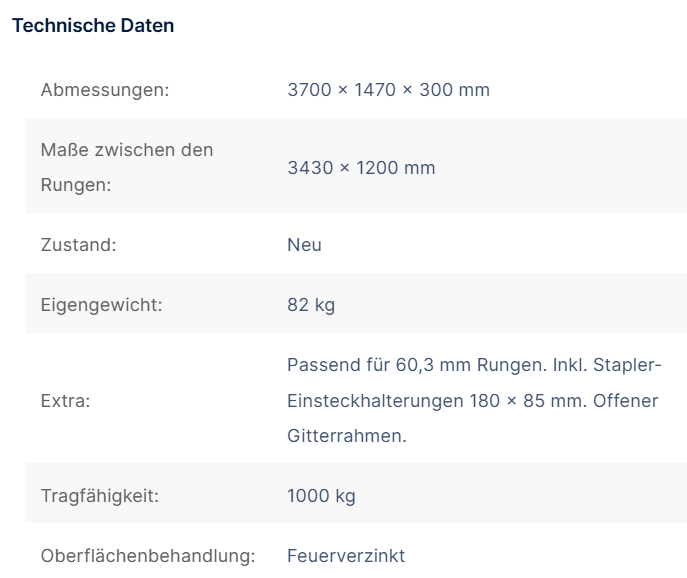 Rungenpalette, Stapelgestell, Manurak 3700 x 1470 x 300 mm ohne Rohre